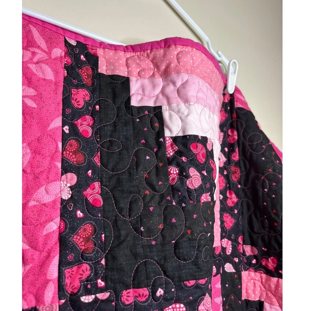Handmade Pink Black Heart Log Cabin Patchwork Quilt Kid Baby Blanket 36x36 Stain